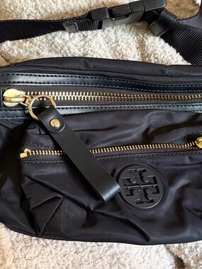 Tory Burch Black Nylon Logo Belt Bag with Gold Hardware Accents